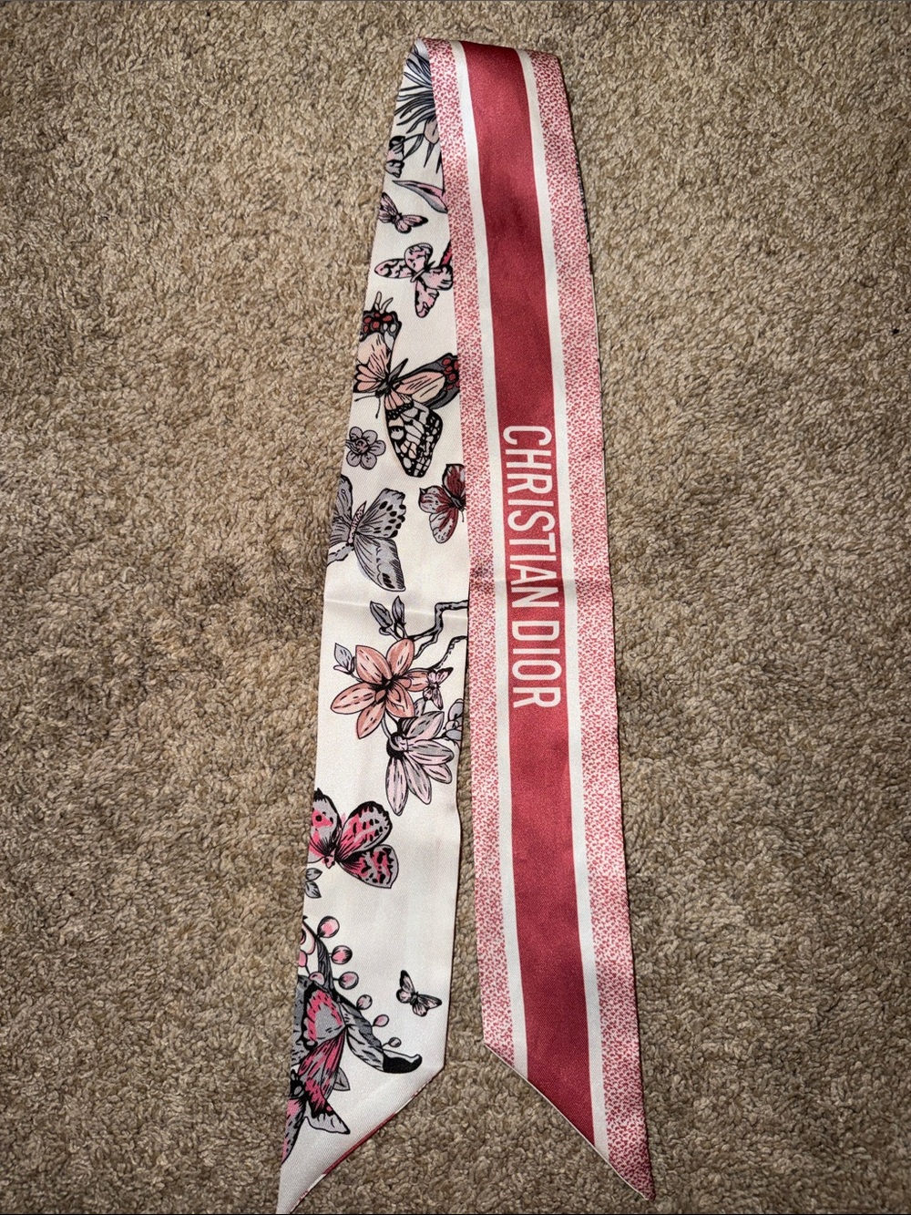 Dior Pink Floral Butterflies Silk Twilly with Logo Stripe